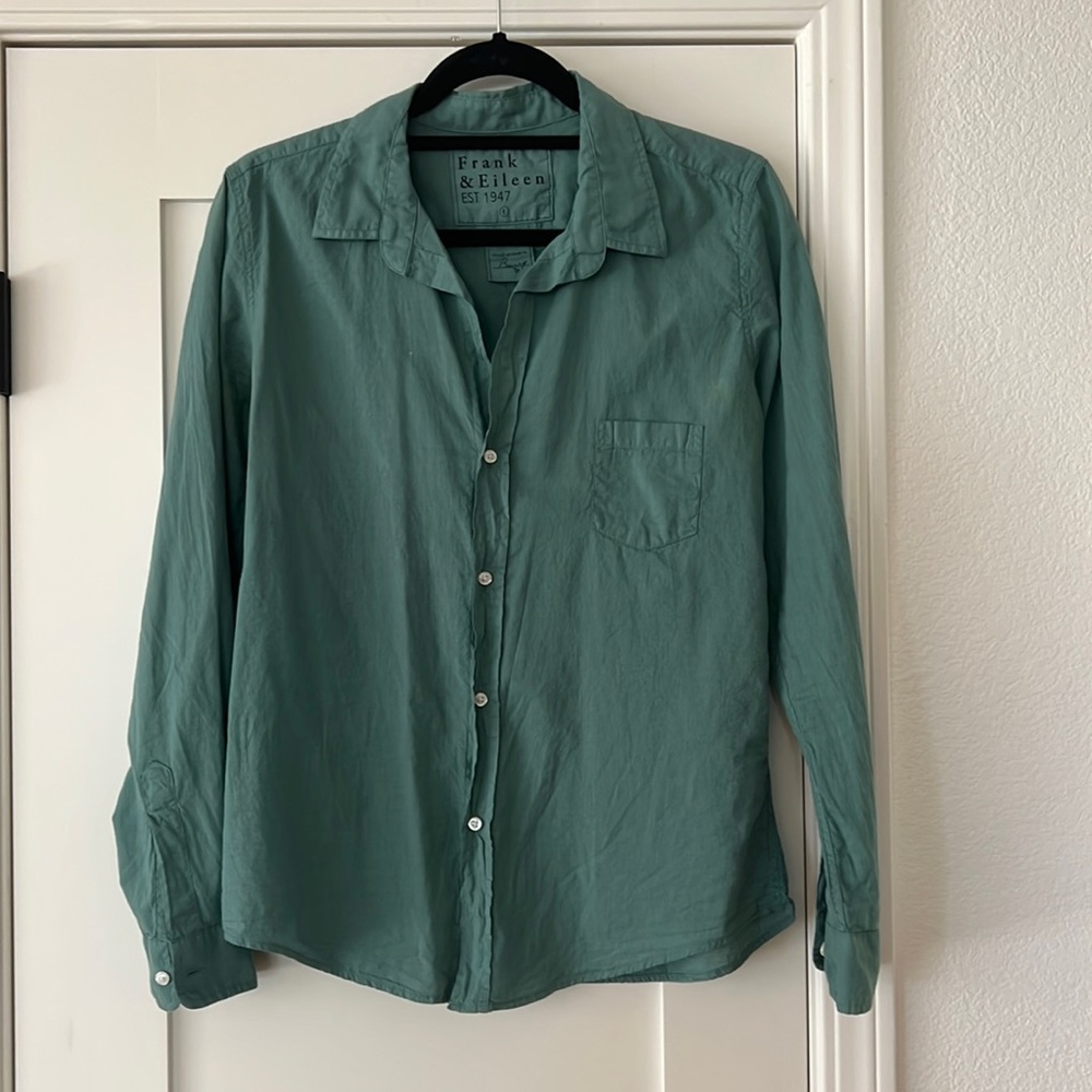 Frank & Eileen teal Barry button up shirt, size L, 100% organic cotton